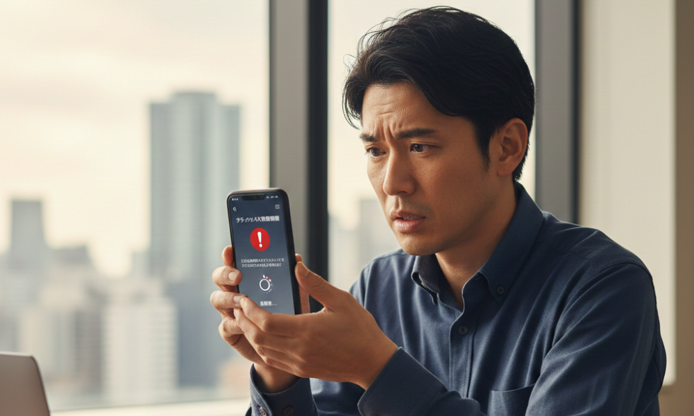 明るい室内のデスクで、深刻な表情を浮かべながらスマートフォンの画面を凝視する日本人男性